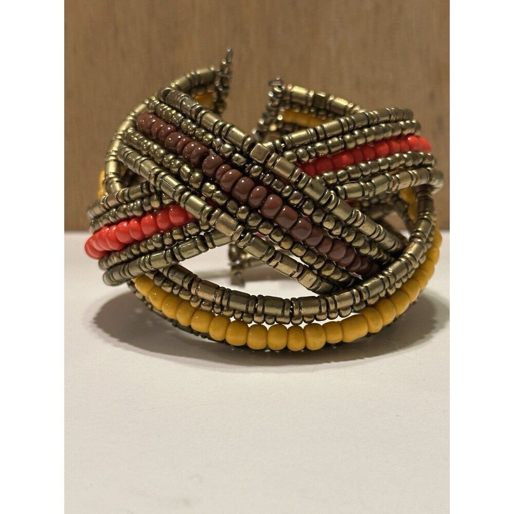 Beaded Statement Cuff Arm Wrap Bracelet Boho Braided Colorful Gold Bronze Tone